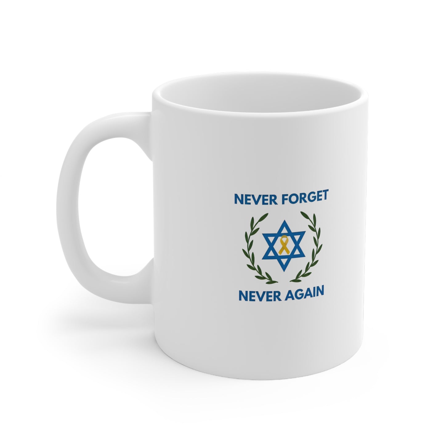 Never Forget, Never Again Collection. Pristine White Coffee Mug.