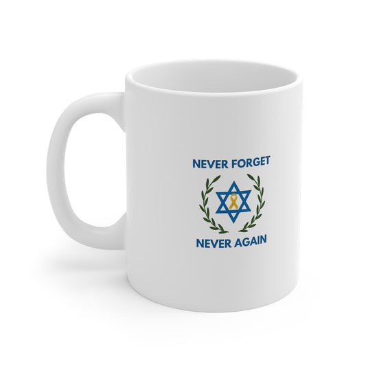Never Forget, Never Again Collection. Pristine White Coffee Mug.